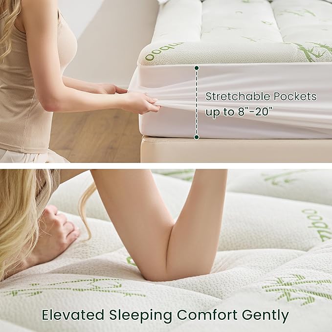 Love's cabin Queen Mattress Topper Viscose Derived from Bamboo, Thick Pillow Top Mattress Pad with Stretchable Pockets for 8"-20" Mattress, Breathable Cooling Mattress Topper for Hot Sleepers, Green