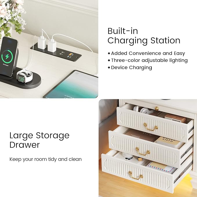 25.6'' Wide Bedside Table with 3 Drawers & Pull-out Tray, Smart Night Stand with Outlet & Charger Station, Large Nightstand with 3-color LED Lights, Farmhouse Solid Wood Leg for Bedroom, Antique White - Image 5