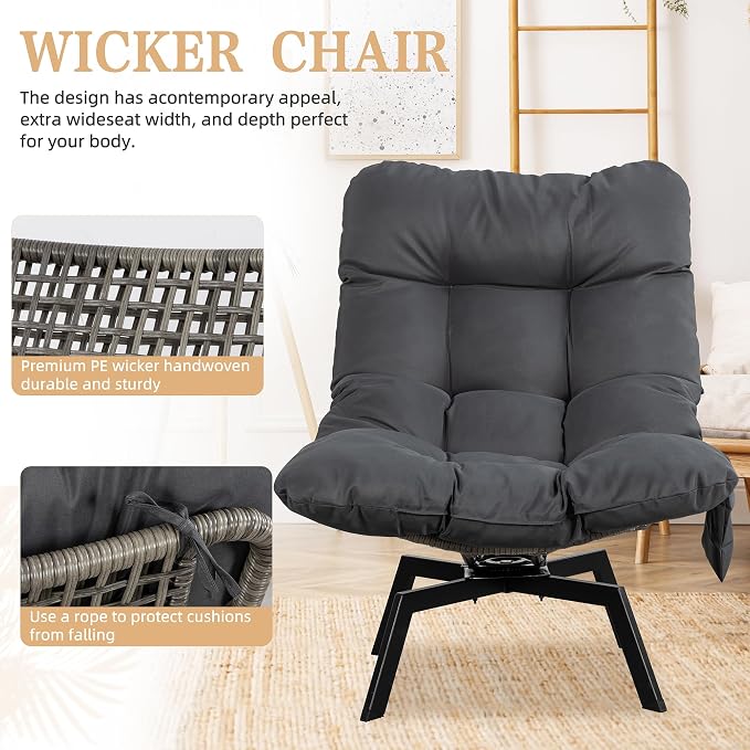 Vongrasig Swivel Wicker Chair PE Rattan Chair with Cushion, Oversized Patio Lounge Chair for Outdoor, Indoor, Balcony, Backyard, Garden, Living Room, Black Rattan - Image 6