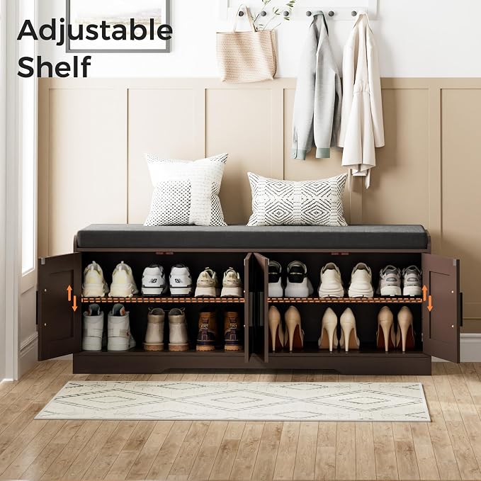 Homleke 2-Tier Storage Bench, Shoe Bench with Thickened Padded Seat Cushion, Entryway Bench with 4 Doors, Adjustable Shelf, 13.8" D x 45.3" W x 18.5" H, for Entryway, Living Room, Bedroom, Brown - Image 6