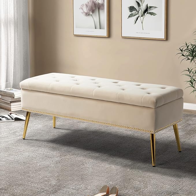 HULALA HOME Modern Velvet Storage Ottoman Bench with Gold Base & Nailhead Trim, Upholstered Bedroom Bench for End of Bed, Button-Tufted Footstool for Entryway Living Room Dining Room, Tan by HULALAHOME