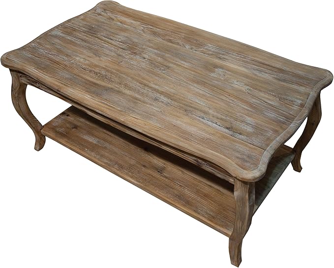 Alaterre Furniture Austerity 42-Inch Rustic Coffee Table with Open Shelf, Curved Legs, and Scalloped Edge - Easy Assembly Reclaimed Wood Living Room Table - Farmhouse Furniture (Driftwood Finish)