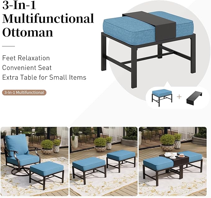 6 Piece Metal Outdoor Patio Furniture Set, Patio Conversation Set 1 3-seater Sofa, 2 Rocking Chair, 2 Ottomans with 5.75" Thick Cushion and Coffee Table, Black Backyard Furniture, Navy