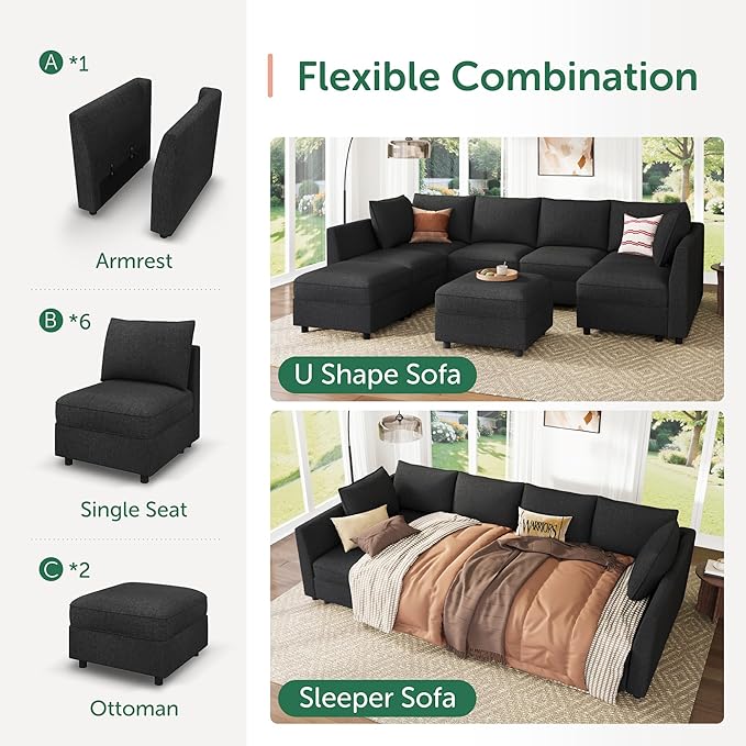 HONBAY Modular Sectional Sofa Couch with Storage, Modern U Shaped Sectional Sofa, Convertible Couches for Living Room - Linen Grey