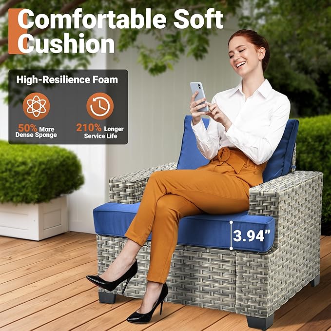 ovios 9 Piece Patio Sectional Furniture with Swivel Rocking Chairs, Rattan Wicker Coversation Set with Glowing Coffee Table, Outdoor Sofa Set for Outside Porch Balcony Backyard Pool,Navy Blue