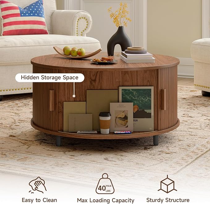 31.5 Inch Round Coffee Table, Mid-Century Modern Coffee Table wtih Storage, Fluted Coffee Table with Adjustable Footpads, 360° Rotating Sliding Door, Center Table for Living Room (Walnut)