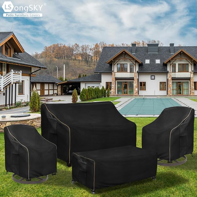 Patio Furniture Covers 4 Piece Set, 600D Heavy Duty Outdoor Furniture Covers Waterproof for Patio Loveseat, Swivel Rocker Chair and Coffee Table,Black - Image 8