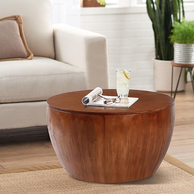 31.50" Vintage Style Bucket Shaped Coffee Table, Drum Coffee Table for Office, Dining Room and Living Room, Brown