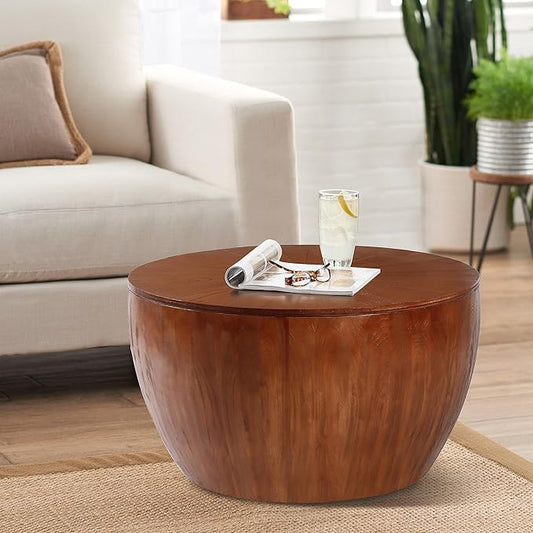 31.50" Vintage Style Bucket Shaped Coffee Table, Drum Coffee Table for Office, Dining Room and Living Room, Brown