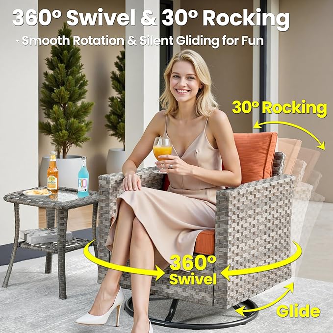 ovios 8 Pieces Patio Furniture Set, Outdoor Wicker Sectional Sofa with Swivel Chair Coffee Table, Modern Modular Deep Seat Rattan Couch Conversation Sets, Orange Red