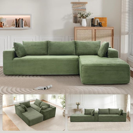Cloud Sectional Couch, 105” Fluffy Modular L-Shape Sofa with Left Chaise Lounge, Modular Sectional Sofa in a Box, Boneless Couch for Living Room, No Assembly Required, Flannel Green