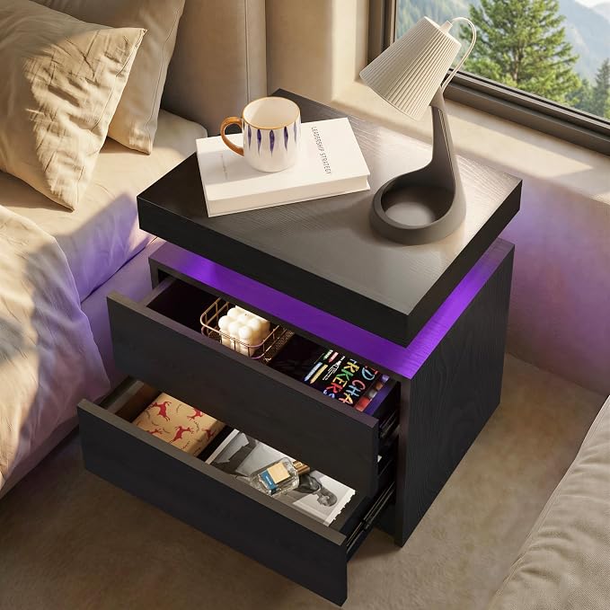 i-aplus Black Night Stand Set 2 Modern Bedside Tables with 2 Drawers Bedroom Night Stands Set of 2 LED Night Stand for Bedroom - Image 4