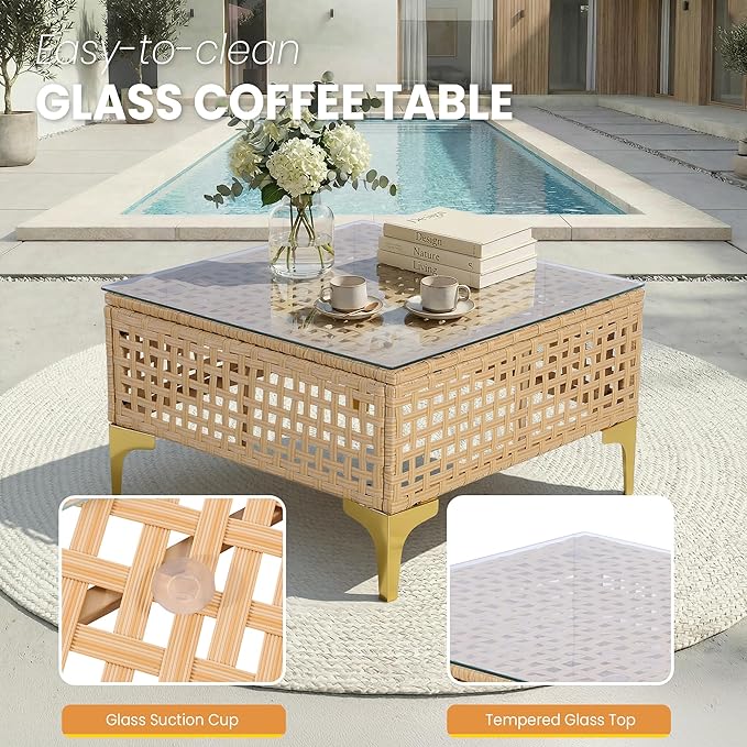 FHFO Oversized Patio Furniture Set, 7-Piece Wicker Patio Sectional Sofa Couch, Rattan Outdoor Conversation Set with Thick Cushion & Tempered Glass Coffee Table for Porch, Backyard, Yellow/Beige