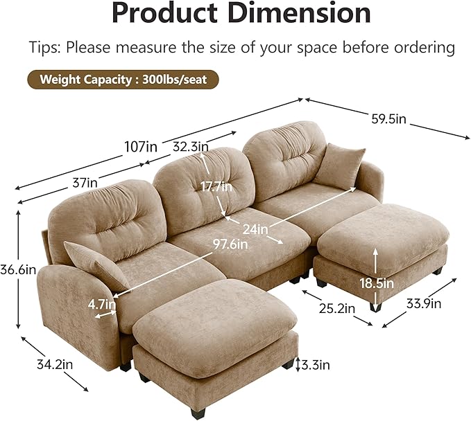 KEIKI 107" U-Shaped Oversized Chenille Modular Sectional Sofa with 2 Ottoman, High-Density Foam Cushions, Tufted Pleated Cushion Backrest, Modern 3-Seater Couch with 2 Pillow, for Living Room, Camel