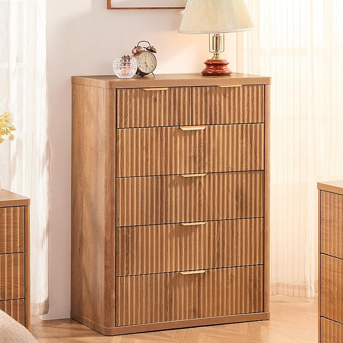 LEYAOYAO 42" Tall Fluted Dresser and 2 Drawers 23" Nightstand Set of 2, Wooden Dresser & Night Stand with Charging Station, 3 Piece Bedroom Furniture Set, Wood Chest of Drawer for Living Room,Brown