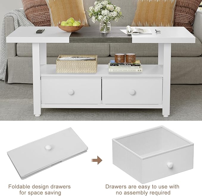 FABATO 2-Tier Coffee Table with Storage Shelf and 2 Drawers, 46'' Rectangular Center Table Wood Top for Living Room Reception Room, Metal Frame, Easy Assembly, Antique White