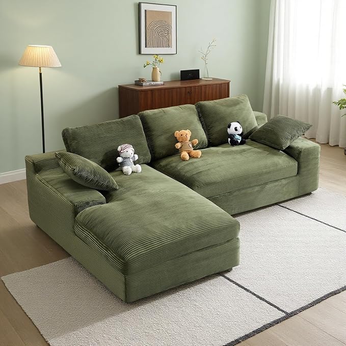 L Shaped 4 Seater Sofa, Modern Modular Sofa with 3 Back Cushions & 2 Coordinating Pillows, 98'' Corduroy Leisure Combination Couch with Wide Seat & High-Resilience Foam for Living Room, Green