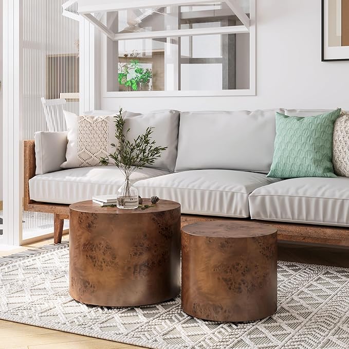 Round Nesting Coffee Table Set of 2,Modern Wooden Circle Burl Accent Tables for Small Spaces Living Room Bedroom Balcony Office(Dark Brown,19"+15")