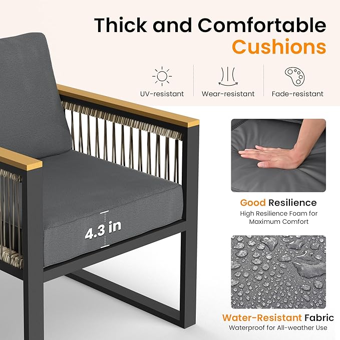 Pamapic 4 Pieces Outdoor Patio Furniture Set with Wicker Handrails, Plastic-Wood Balcony Furniture with Wicker Arm Panel, All-Weather Metal Patio Conversation Sets with Cushion and Coffee Table