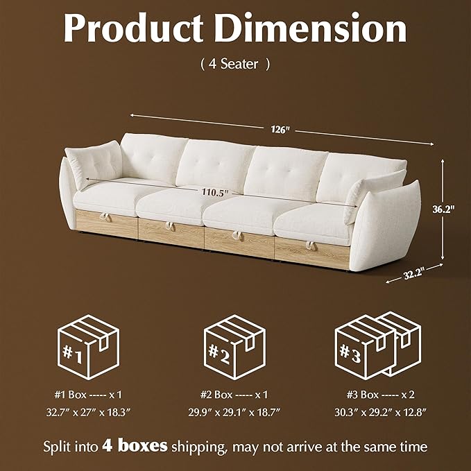 126" 4-Seater Cloud Couch Sectional Modular Sofa with Storage, Cotton and Linen Fabrics Modern Oversized Deep Seat Sofa with Armrest Pillow, Easy Assembly for Living Room, Apartment, Ivory