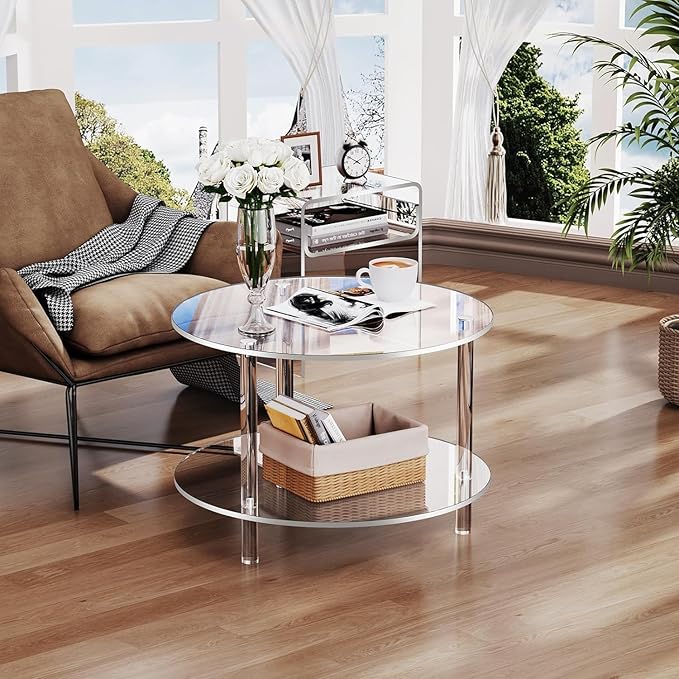 Acrylic Coffee Table, Small Round Modern Coffee Table for Living Room,23.6" D x 23.6" W x 16.5" H