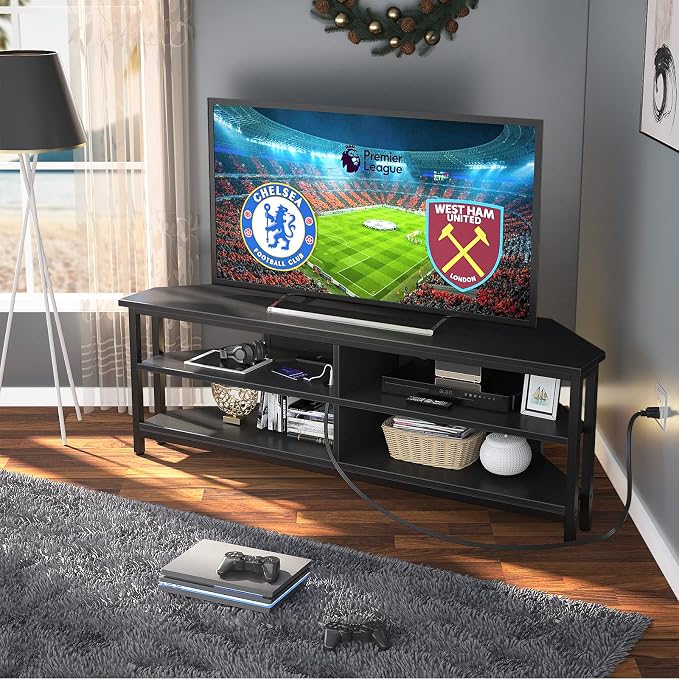 Unikito Corner TV Stand With Power Outlet, Corner Entertainment Center Corner TV Table With 4 Open Storage Corner TV Cabinet Wood TV Stand For Living Room,Bedroom Corner TV Stand For 55 inch TV, Black - Image 4