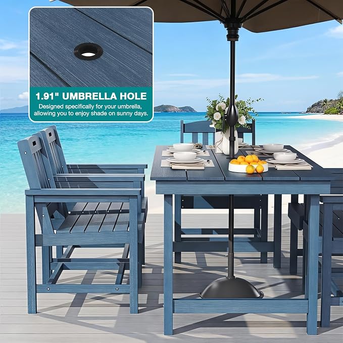 Mdeam 7-Piece HIPS Outdoor Dining Set, 66.9" Patio Table with Umbrella Hole, 440LBS Capacity, 6 Wider Chairs, Dining Table Set for 6, Indoor Outdoor Furniture with Galvanized Steel Frame, Navy Blue - Image 4