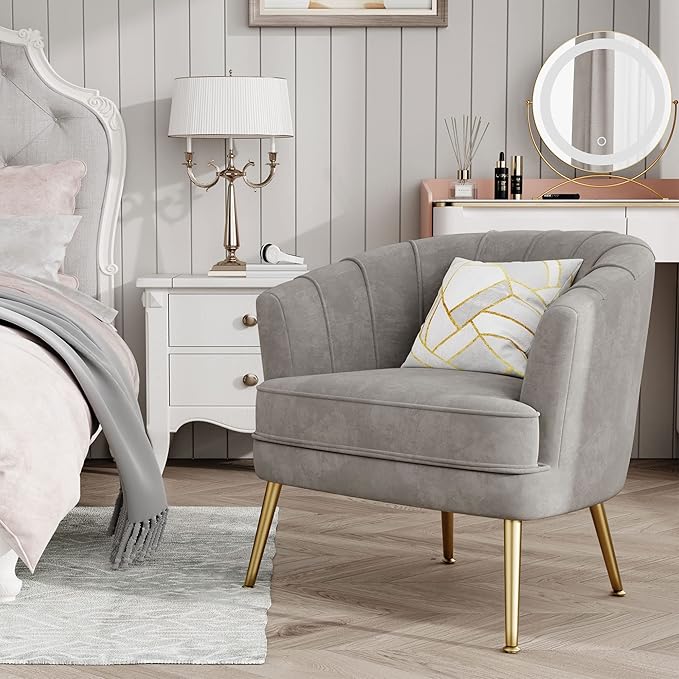 Andeworld Velvet Accent Chair, Upholstered Modern Single Sofa Side Chair,Comfy Barrel Club Living Room Armchair with Golden Metal Legs for Bedroom Living Reading Room Office, Grey