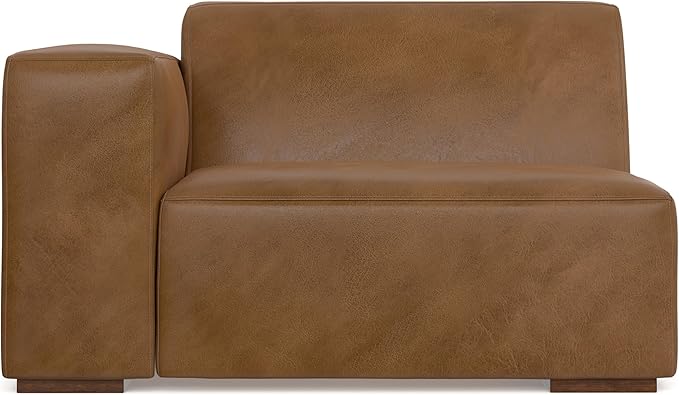 SIMPLIHOME Rex Left-Arm Sofa Module in Full-Grain Genuine Leather, Caramel Brown, 44-inches Wide, Handcrafted Modern-Style Left-Arm Accent Chair for Living Room and Family Room