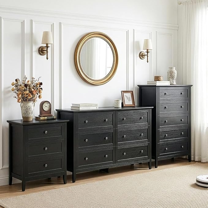 Karl home Farmhouse Nightstand with Charging Station, Wide End Table with 3 Large Drawers & Mental Handles, Wood Small Side Table of Drawers for Bedroom, Closet, Black - Image 10