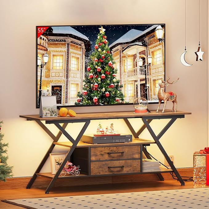 Simoretus TV Stand with Power Outlet and LED Lights, Fits TVs up to 65”, 2 Fabric Drawers Entertainment Center with Open Storage Shelves, Media Console for Living Room, Bedroom (Rustic Brown) - Image 9