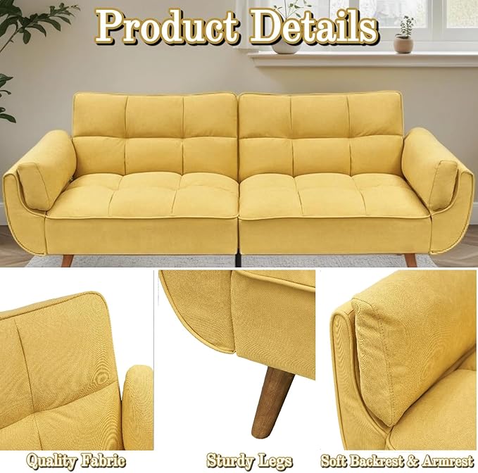 Convertible Futon Sofa Bed, Modern Futon Couch with 2 Pillows, Small Futons Couch with Adjustable Armrest & Backrest, Loveseat Sofa Bed for Living Room, Bedroom, Yellow