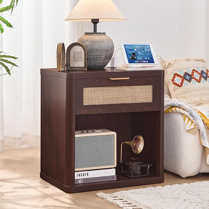 LEYAOYAO Rattan Nightstands Set of 2 with Charging Station, Walnut Night Stand with Drawer, 23" Wide Boho Bedside Table with Storage Shelf, Bed Side End Tables for Bedroom, Living Room, Hallway - Image 9
