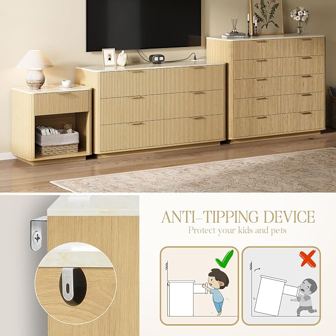 Fluted Nightstand with Drawer, Bedside Table with Faux Marble-Top, Modern Nightstand with Charging Station, Drawers and Open Shelf, Curved Corners, Modern Night Stand for Bedroom, Natural Oak - Image 7