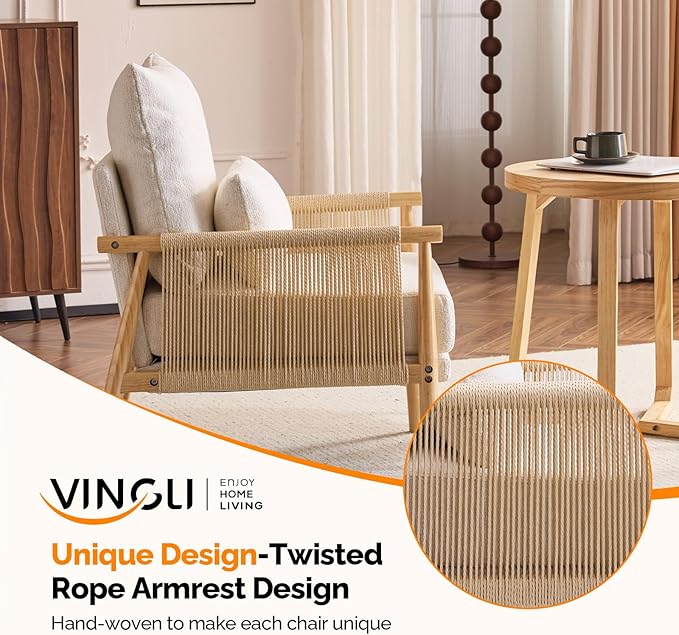VINGLI Boho Braid Accent Armchair,Mid-Century Modern Chiar with Solid Wooden Armrest,Comfy Louge Cushion Chair with Waist Pillow for Bedroom,Living Room,Reading Room, Beige