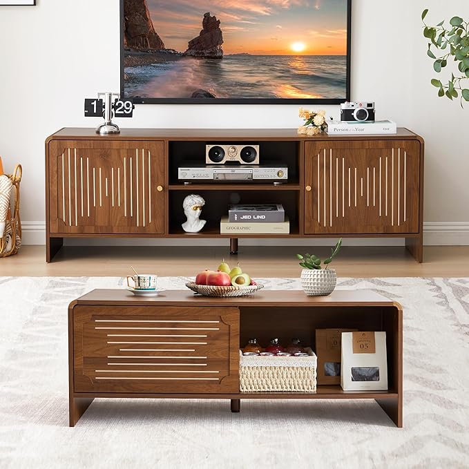 43.3'' Coffee Table, 2-Tier Rectangle Center Table with Sliding Door, Wood Modern Coffee Tables with Sturdy Base & Rounded Corners for Living Room, Office, Small Space