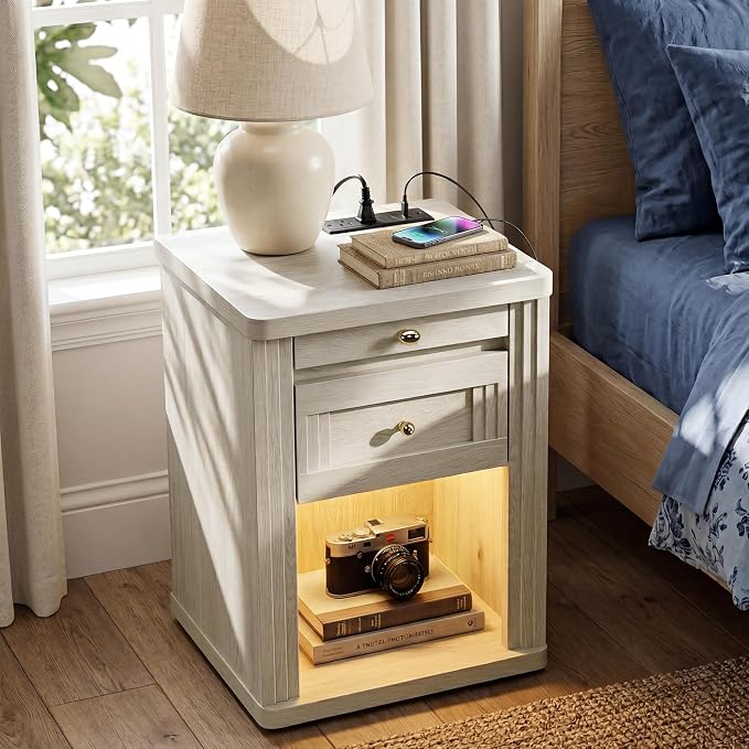 STO'SENSE Nightstand, Narrow Night Stands with Charging Station & Led Light, Wood Nightstand Bedside Table with Drawers & Pull-Out Tray, End Table for Bedroom, White Oak by STOSENSE