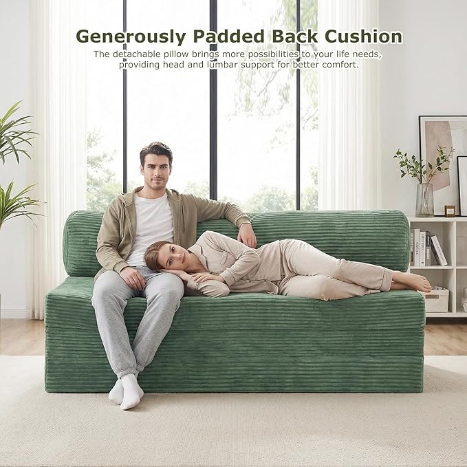 5-in-1 Convertible Sofa Bed, Boneless Loveseat Sleeper with Removable Cushions & Washable Cover, Futon Sofa Bed with Handle, Pull Out Couch for Small Spaces, King Size, Green