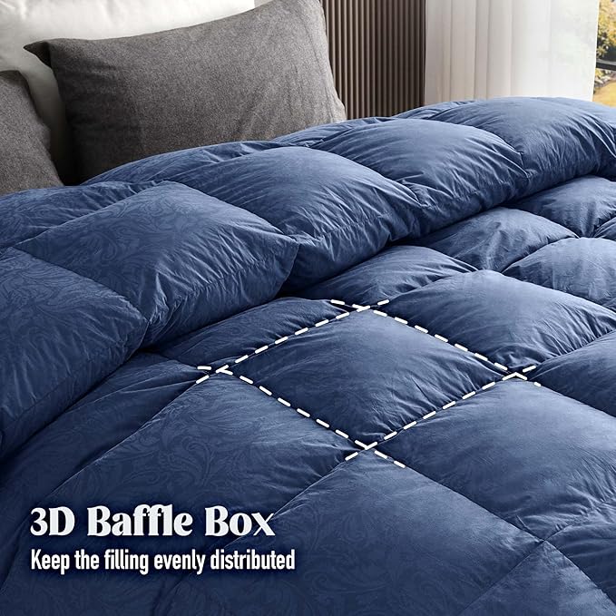 DAICO Goose Feather Down Comforter Queen Size, All Season Luxury Hotel Fluffy Duvet Insert, Ultra Soft 100% Cotton Shell with 8 Corner Tabs, Paisley Design (90x90'', Navy Blue)