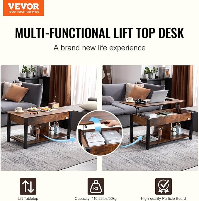 VEVOR Lift Top Coffee Table, 41.7 in Rectangle Coffee Table with Extra Storage Pockets, Pop Up Coffee Table for Living Room, Brown