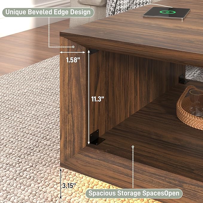 32" Mid Century Modern Coffee Table for Living Room, Square Center Table with LED Light & Power Outlet, Cocktail Table with Storage, 2-Tier Minimalist, Deep Beveled Edge, Wood Thick Design, Walnut
