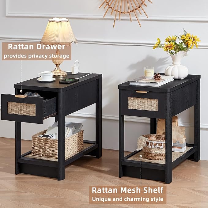 Lerliuo Narrow Night Stand Set of 2 with Charging Station, Boho Nightstand with Drawer, Bed Side End Table with Rattan Shelf for Small Spaces, Wood Nightstands Bedside Tables for Living Room Bedroom - Image 4