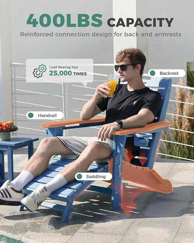 Adjustable Adirondack Chairs Set of 2 with Retractable Ottoman, HDPE Folding Adirondack Chair with Cup Holders, Weather Resistant for Backyard, Poolside & Fire Pit(Navy Blue) - Image 7