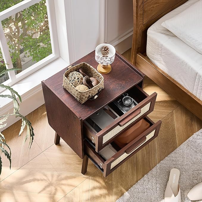Lerliuo Rattan Night Stand, Boho 2 Drawers Nightstands, Walnut Bed Side End Tables with Solid Wood Legs, Bedside Table for Bedroom, Dorm and Small Spaces - Image 6