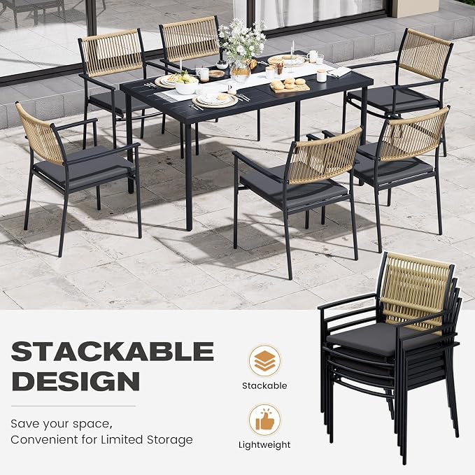 7 Pieces Outdoor Dining Set for 6, Large Steel Dining Table with Umbrella Hole, Wicker Patio Table and Rattan Chairs for Garden, Deck, Yard, Porch, Matte Metal Spray Coating Patio Dining Set, Black - Image 7