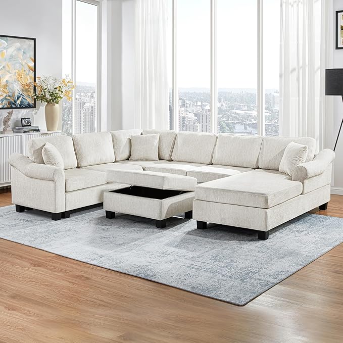 ERYE 112" U-Shaped Sectional Sofa with Movable Storage Ottoman, Oversized Chenille Upholstered Corner Modular Sofa Couch W/Right Facing Chaise Lounge and 3 Toss Pillows