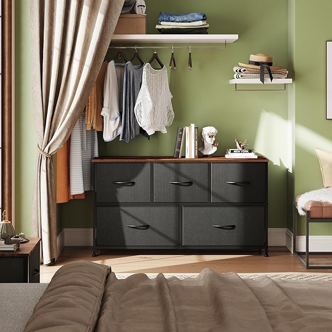 WLIVE Dresser for Bedroom with 5 Drawers, Wide Chest of Drawers, Fabric Dresser, Storage Organizer Unit with Fabric Bins for Closet, Living Room, Hallway, Black and Rustic Brown - Image 4