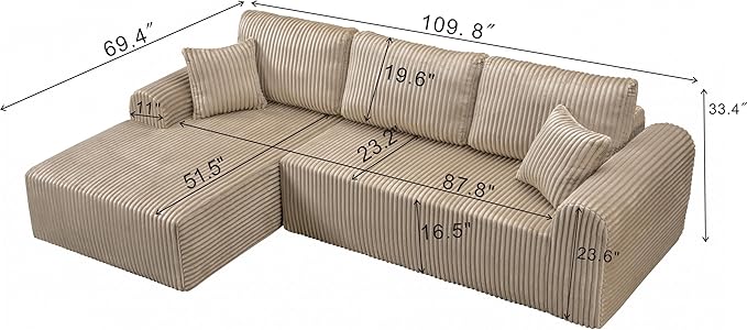 109-Inch L-Shaped Left Facing Boneless Corner Sofa 2 PCS Modular Sectional Cloud Sofa Couch with Chaise Lounge and Toss Pillow, Corduroy Boneless L-Shaped Couches