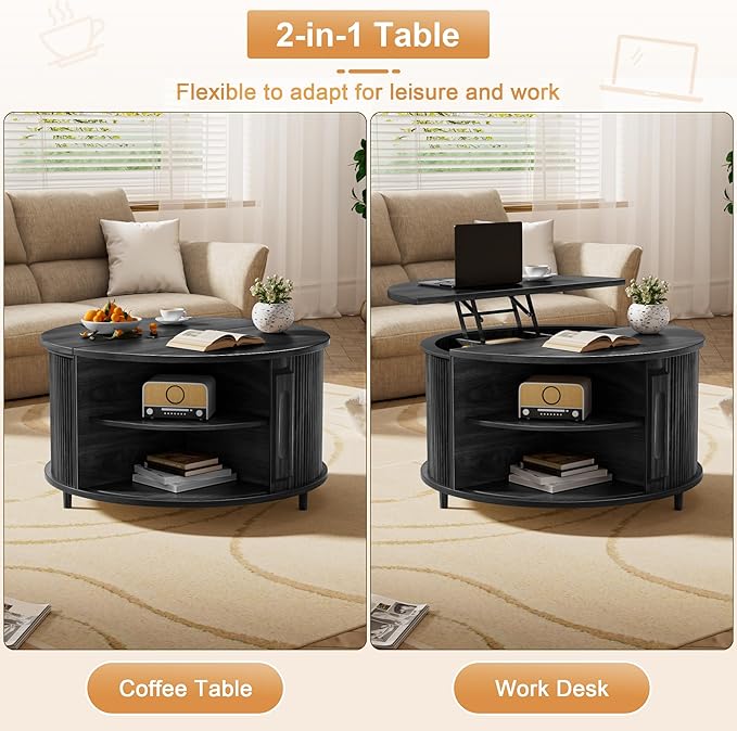 Round Lift Top Coffee Table, 31.5" Fluted Wood Lift Up Center Table with Sliding Door & Hidden Storage – Mid Century Modern Circle Coffee Table for Living Room, Home Office, Apartment (Black)