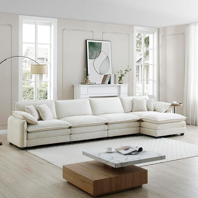 KEIKI 150" L-Shaped Oversized Corduroy Modular Sectional Sofa with 1 Ottoman, High-Density Foam Cushions, Removable Armrests, Upholstered 4-Seater Corner Couch with 6 Pillow, for Living Room, Beige
